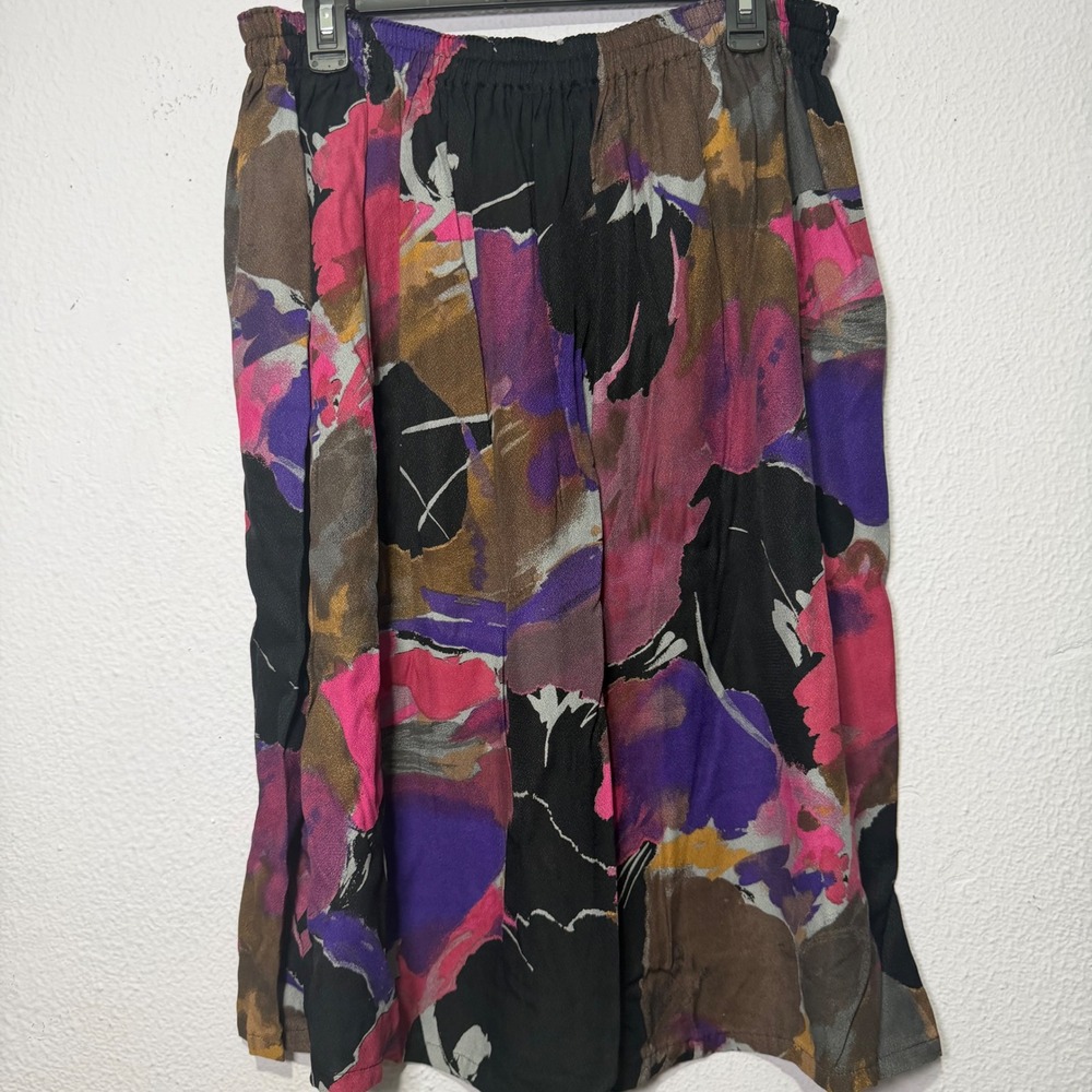 Vintage 90s Abstract Floral Midi Skirt L Colorful Womens Retro Elastic Artistic